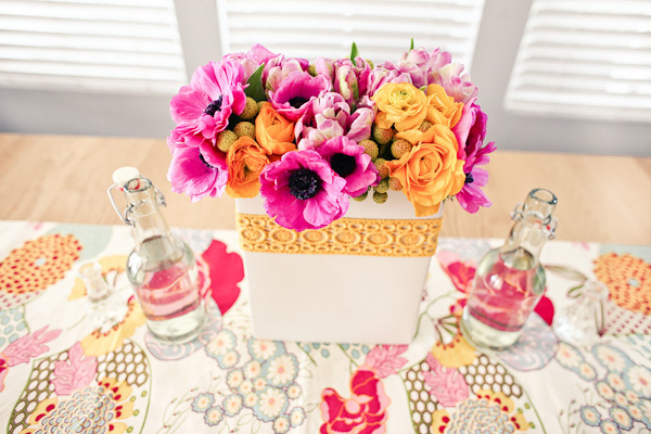 Reception Floral Detail Dark Pink Light Pink And Yellow Orange Floral Arrangement In A White 2294